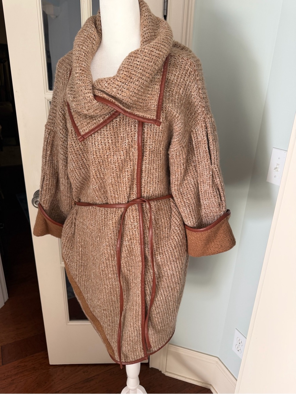 Angie Taupe Knit Wrap Cardigan with Brown Trim